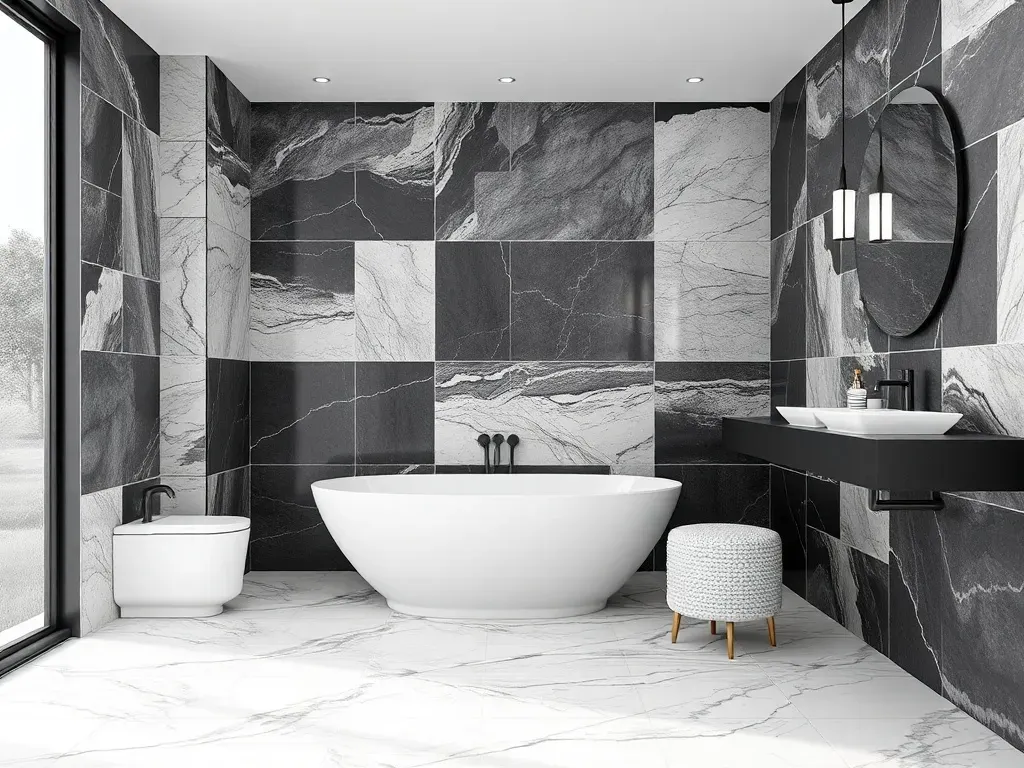 łazienka wyłożona białymi i czarnymi płytkami