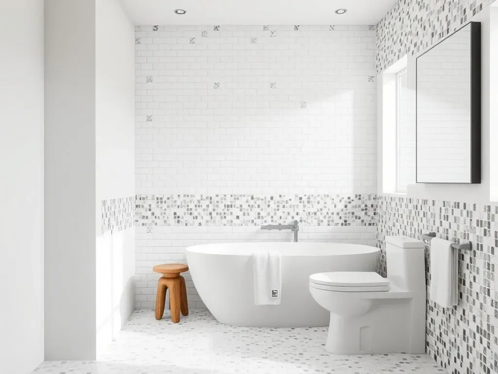 łazienka z małymi płytkami ceramicznymi w formie mozaiki