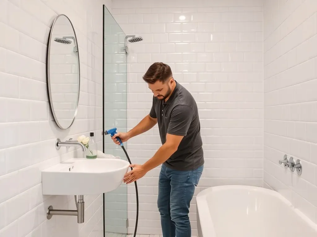 mężczyzna myje płytki łazienkowe