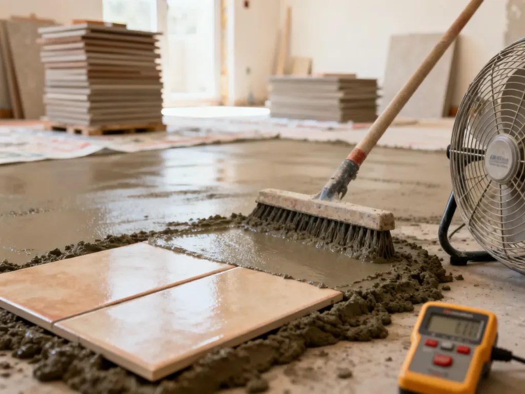 Świeża wylewka betonowa z miernikiem wilgotności i płytką ceramiczną, obrazująca proces przygotowania podłoża pod układanie.