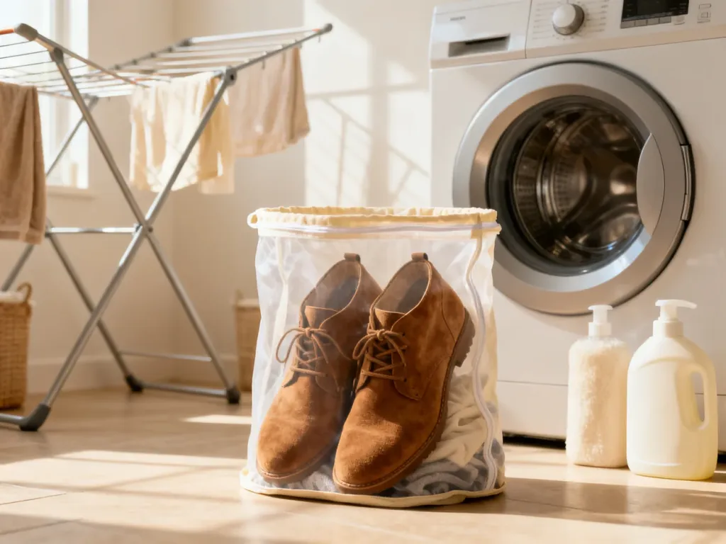 Zamszowe buty w specjalnym worku do prania obok pralki i delikatnych środków czyszczących w jasnej pralni.