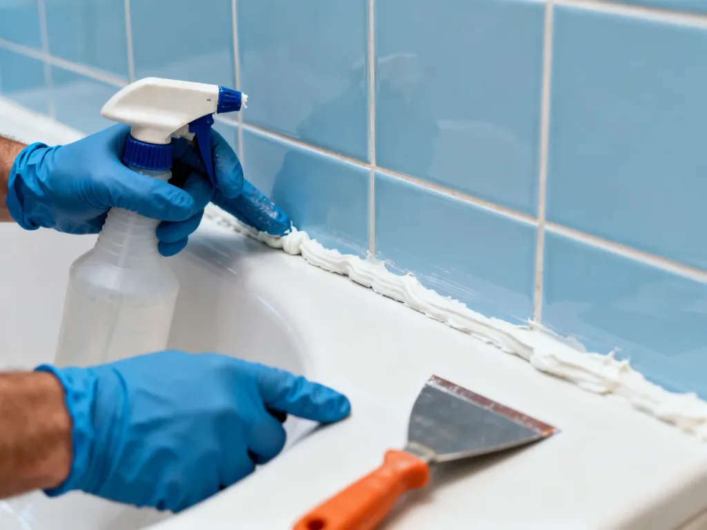 Dłonie w rękawiczkach wygładzają świeżą spoinę silikonową w łazience przy użyciu ściągaczki i domowego płynu w sprayu.