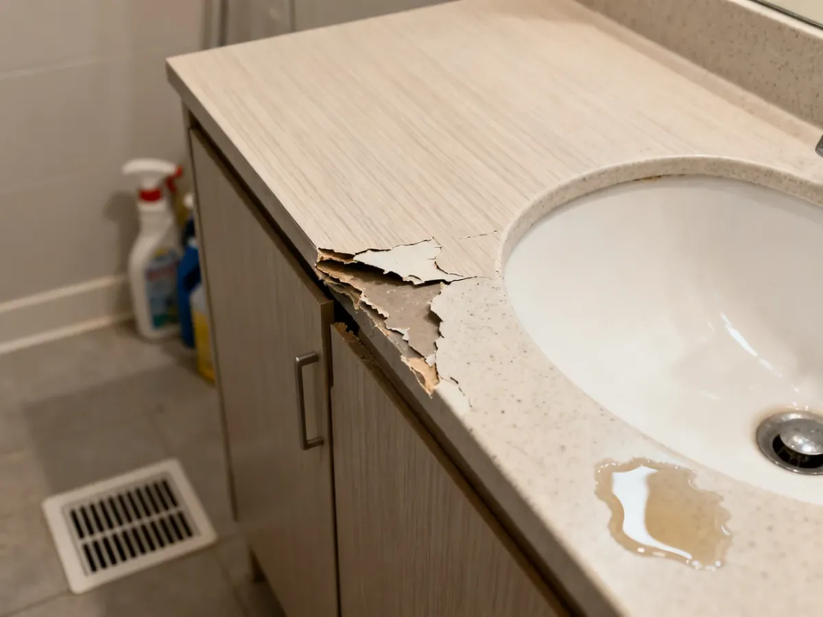 Uszkodzona wilgocią krawędź szafki łazienkowej