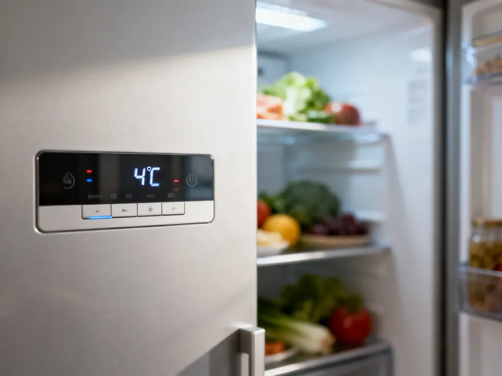 Panel sterowania nowoczesnej lodówki ustawiony na optymalną temperaturę 4°C w jasnej, domowej kuchni.