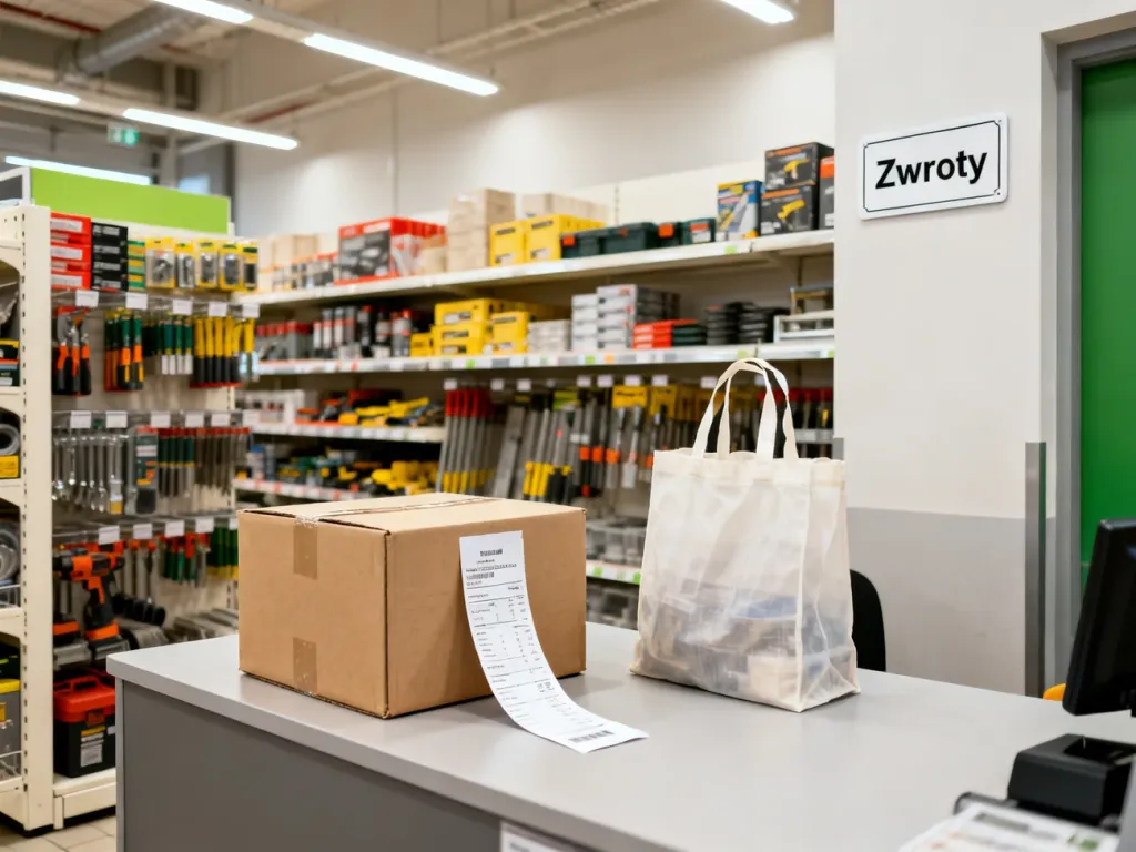 Punkt obsługi klienta w markecie budowlanym z przygotowanym kartonem i paragonem, służący do dokonywania zwrotów towarów.