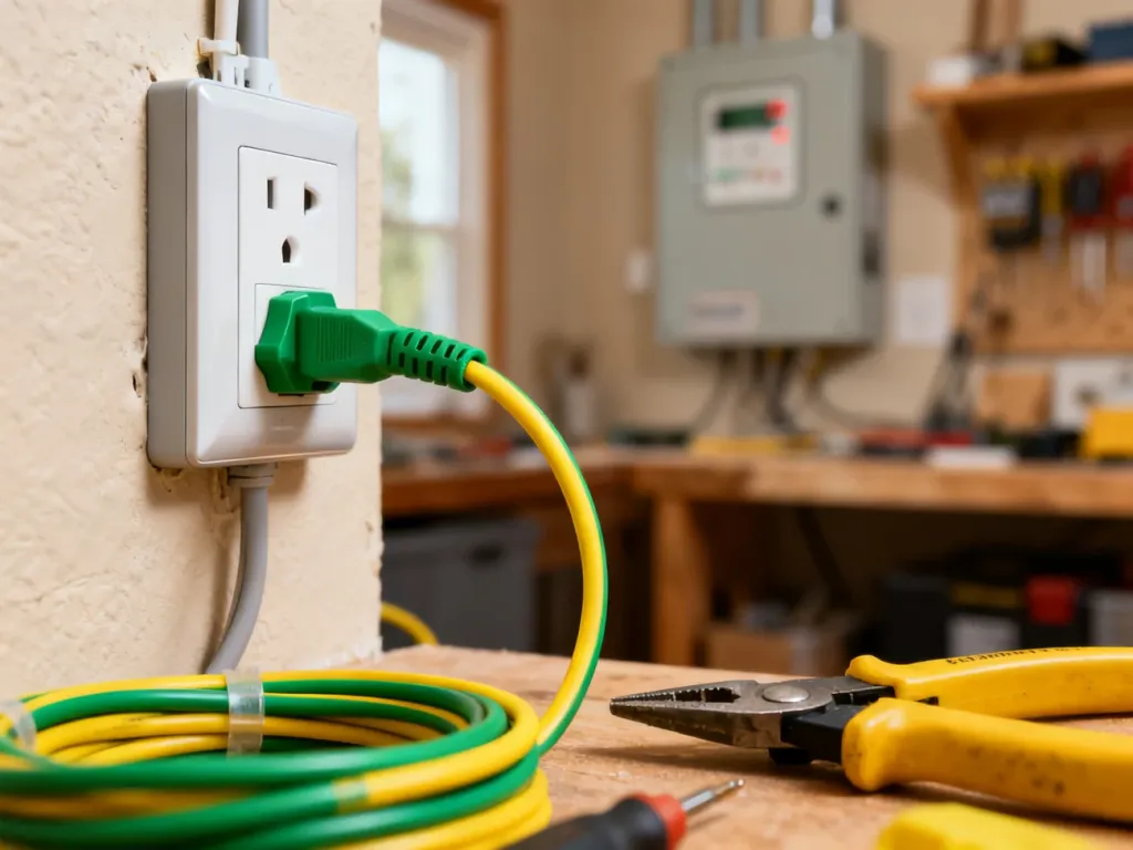 Żółto-zielony przewód uziemiający podłączony do gniazdka elektrycznego w warsztacie.