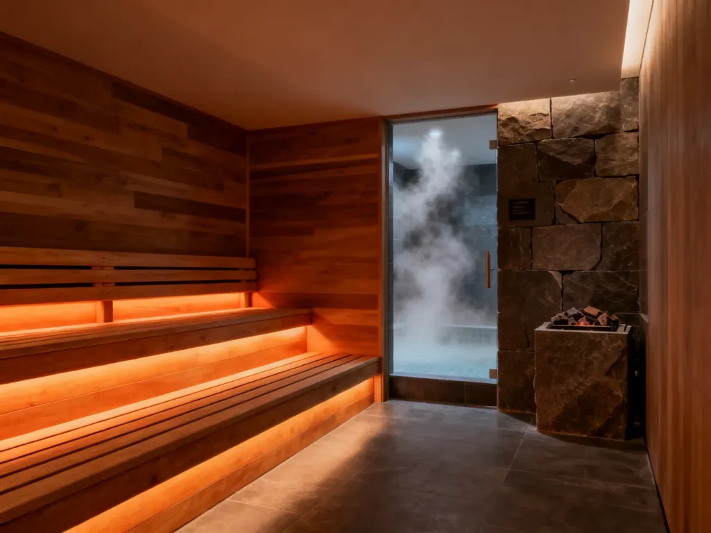Nowoczesna strefa spa z drewnianą sauną suchą na pierwszym planie oraz zamgloną łaźnią parową w tle.