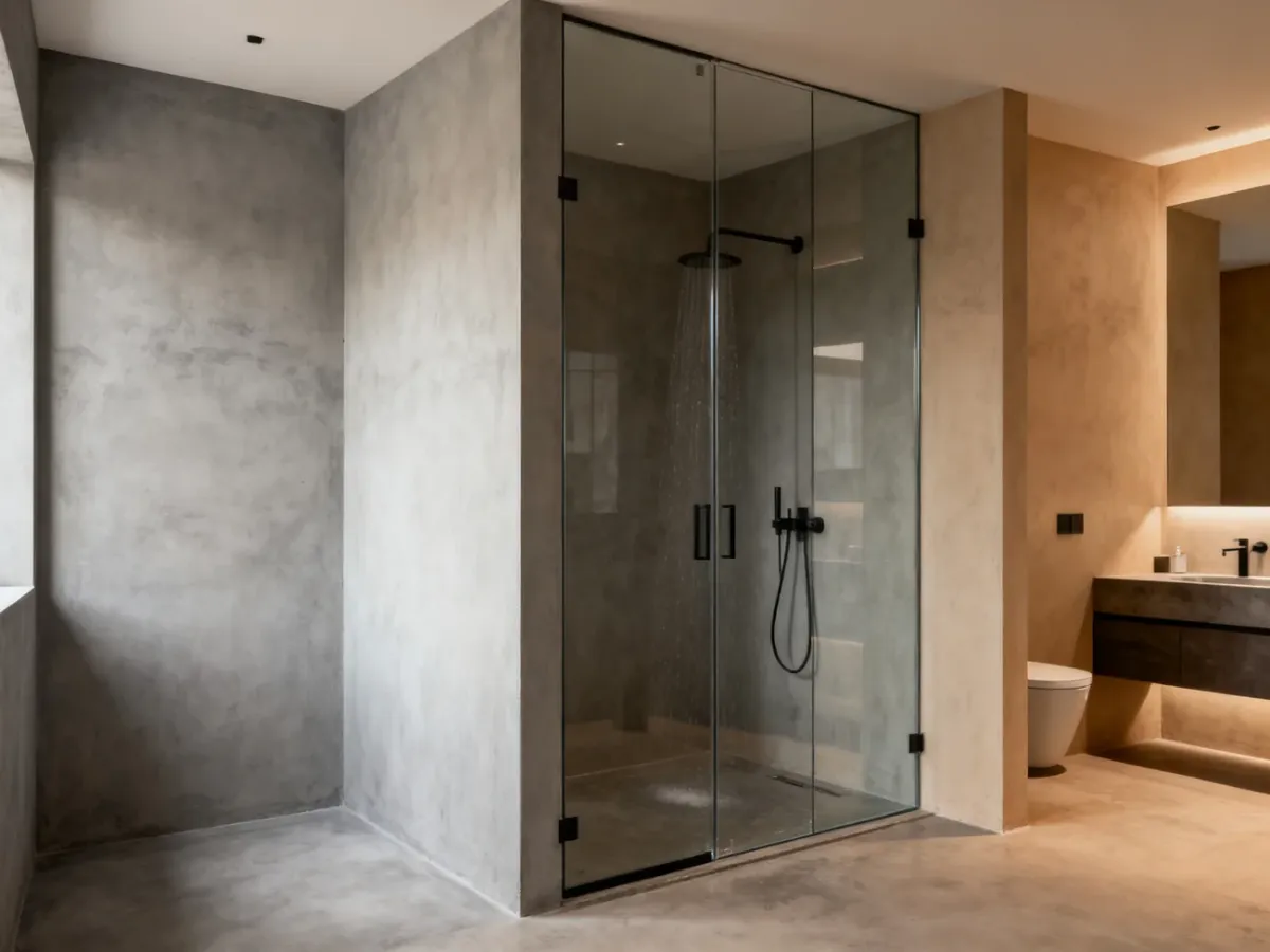 Minimalistyczny prysznic walk-in wykończony szarym mikrocementem